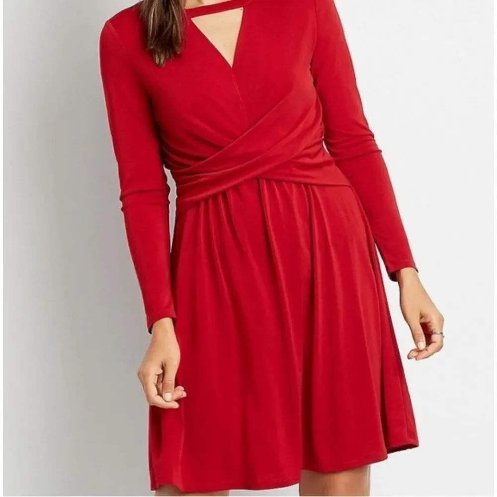 Red Mini Dress Long Sleeve Stretchy Holiday Twist Waist Cut Out NWT
